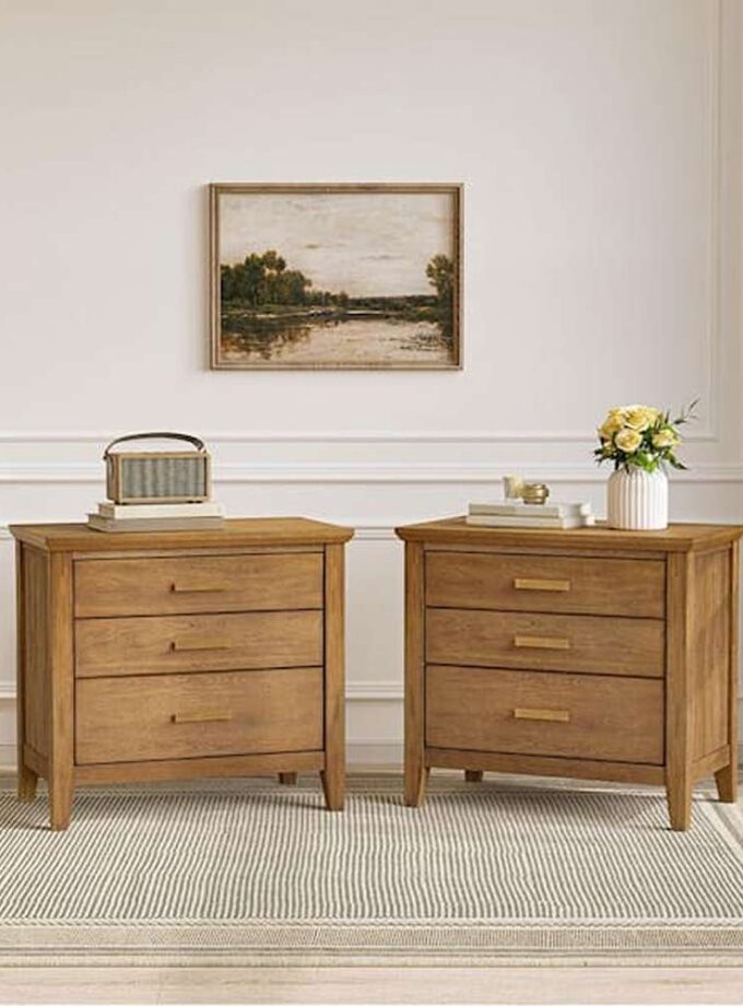 Light Brown Modern 3-Drawer 25.8 in. W Solid Wood Nightstand Bedside Table with Storage (Set of 2)