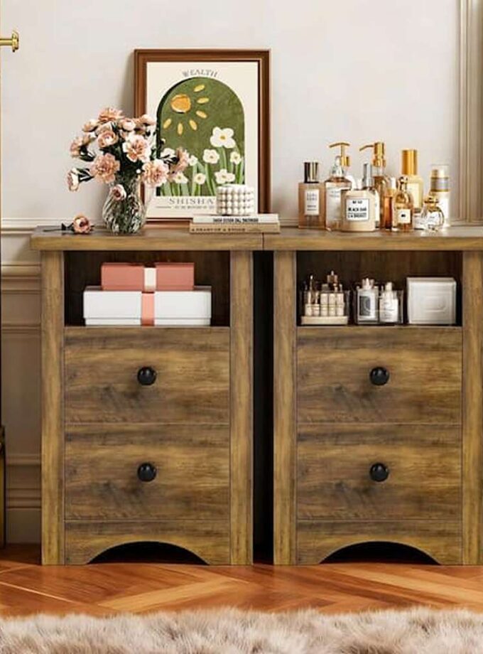 Qynn Rustic Oak 2 Drawer 23 in.Hx15. 7 in.Wx13. 8 in.D Nightstands Set of 2