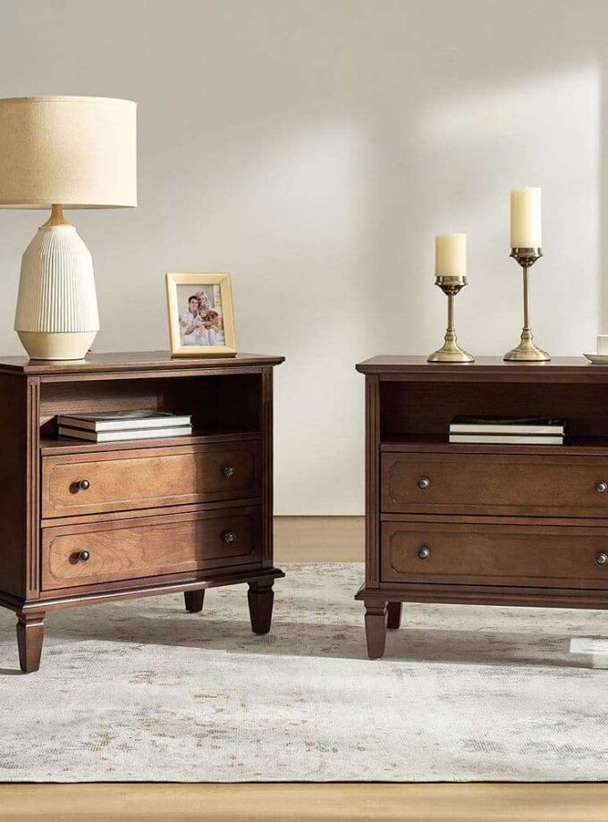 Juiien Mid-Century Solid Wood 2 - Drawer Storage Nightstand with USB Port Set of 2-Walnut